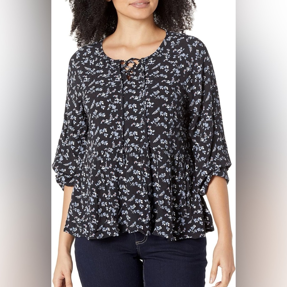 NWOT Lucky Brand Women's Floral Printed Long Sleeves Tunic Black, Medium